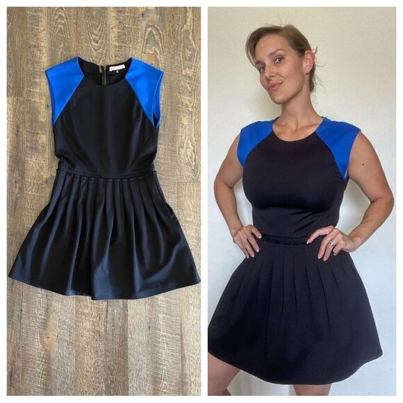 Rebecca Taylor Dress Color Block Pleated 6 Black Blue Sophsticated - Picture 3 of 10
